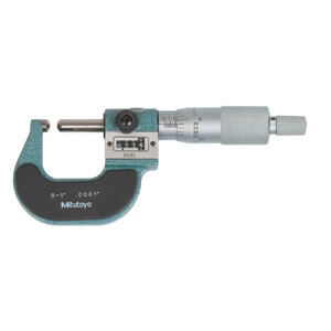 Mitutoyo 295-253 0-1 in, .0001 in, digit counter spherical face micrometer, carbide steel tip, spherical anvil spherical spindle, .40 in max inside diameter, ratchet stop - 295-253