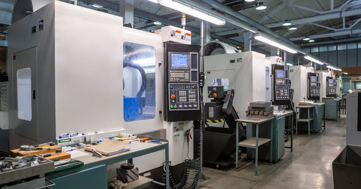 A row of CNC machines in a factory with a green workstation holding tools and supplies near each one.
