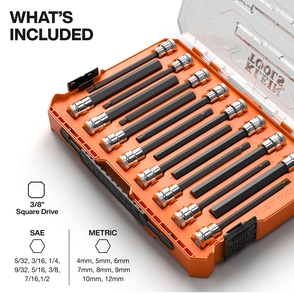 Long Hex Bit Socket Set, SAE and Metric, 16-Piece - KLE 652216HEXL - Image 2